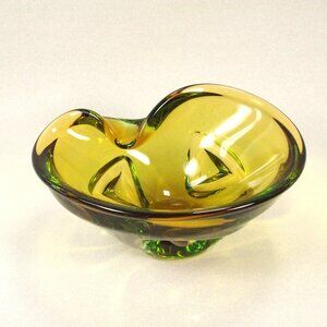 Vintage Skrdlovice Czech Bohemian Art Glass Green and Amber Bowl Cased Glass